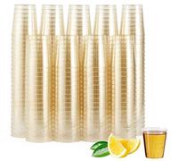 MATANA 200 Double Shot Glasses (60ml) - Clear Hard Plastic with Gold Glitter - Reusable Jello & Tequila Shots, Dessert Pots, Sample Tasting Cups for Birthdays, Weddings, BBQs, Parties