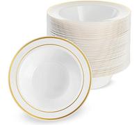MATANA 200 Premium White Plastic Bowls with Gold Rim, 360ml - Elegant, Sturdy & Reusable - Soup & Dessert Bowls for Weddings, Birthdays, BBQ, Buffets, Catering, Parties