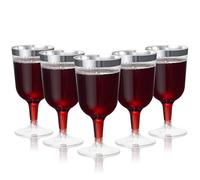 MATANA 24 Plastic Wine Glasses 180ml Silver Rim - Reusable Cocktail Glasses | 6oz Hard Plastic Goblets · BPA-Free, Stackable · Wine Cups for Cocktails, Mocktails, Dessert · Weddings, Birthdays, Parties