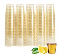 MATANA 300 Double Shot Glasses (60ml) - Clear Hard Plastic with Gold Glitter - Reusable Jello & Tequila Shots, Dessert Pots, Sample Tasting Cups for Birthdays, Weddings, BBQs, Parties