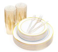MATANA 300 Pcs Reusable White & Gold Plastic Dinnerware Set for 50 Guests - Dinner Plates, Dessert Plates, 10oz Gold Glitter Cups & Reusable Cutlery for Weddings, Birthdays & Parties