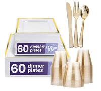MATANA 360 Pcs Premium White Square Plastic Plates with Gold Rim (60x Dinner, 60x Dessert) 60 Clear Hard Cups (255ml) & 180 Elegant Gold Cutlery Set (Knives, Forks & Spoons)