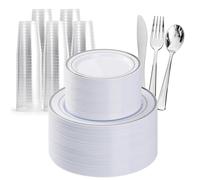 MATANA 360 Pcs Reusable White & Silver Plastic Dinnerware Set for 60 Guests - 60 Dinner & 60 Dessert Plates, 60 Cups, 180 Cutlery Set (60 Knives, 60 Forks & 60 Spoons) - for Weddings, Parties