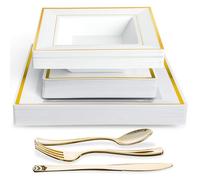 MATANA 360-Piece Reusable Square White Plastic Dinnerware Set with Gold Rim - 60 Dinner Plates, 60 Dessert Plates, 60 Bowls, 180 Reusable Gold Cutlery - Elegant Tableware for Events & Parties