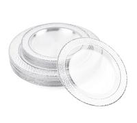 MATANA 40 Premium Clear Plastic Plates with Hammered Silver Rim - 20 26cm Dinner Plates, 20 19cm Dessert Plates - Elegant & Reusable Party Plates for Weddings, Birthdays, BBQ, Parties