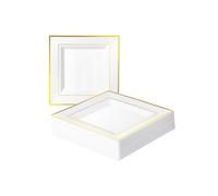 MATANA 40 Premium Square White Plastic Dessert Plates with Gold Rim, 16.5cm / 6.5 Inch - Reusable Small Side Plates, Starter Plates for Weddings, Birthdays, Picnic, BBQ, Parties