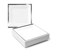 MATANA 40 White Square Plastic Dessert Plates with Silver Rim - 16.5cm / 6.5" Reusable Side Plates for Weddings, Birthdays, Picnics, BBQs & Parties