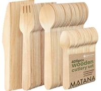 MATANA 400 Premium Wooden Cutlery Set - 100 Forks, 100 Knives, 100 Spoons, 100 Teaspoons - Biodegradable & Compostable -16 cm Birch Wood, Smooth & Splinter-Free, Plastic-Free Party Cutlery
