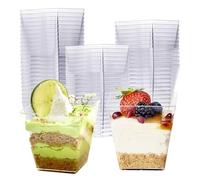 MATANA 48 Hard Plastic Dessert Cups, Reusable Dessert Pots (Square, 225ml) - Individual Cheesecake Pots, Plastic Ramekins, Trifle Bowls - Dessert Glasses for Pudding, Mousse, Parfait, Tiramisu, Jelly