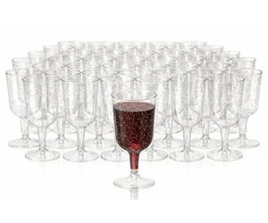MATANA 50 Clear Hard Plastic Wine Glasses with Silver Glitter (180ml) - Sturdy & Reusable Glasses for Cocktails, Dessert - Birthdays, Weddings, Christmas, BBQ, Picnic, Parties