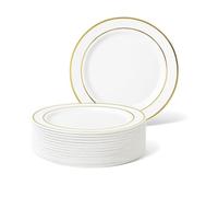 MATANA 50 Premium White Plastic Dessert Plates with Gold Rim, 19cm / 7 Inch - Elegant & Reusable Small Side Plates, Starter Plates for Weddings, Birthdays, Picnic, BBQ, Parties