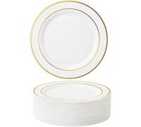 MATANA 50 Premium White Plastic Dinner Plates with Gold Rim, 26cm / 10 Inch - Elegant & Reusable Party Plates for Weddings, Birthdays, Picnic, BBQ, Parties