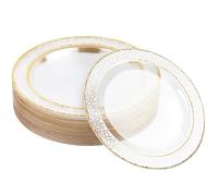 MATANA 60 Premium Clear Hard Plastic Dinner Plates with Hammered Gold Rim, 26cm / 10 Inch - Elegant & Reusable Party Plates for Weddings, Birthdays, Picnic, BBQ, Parties