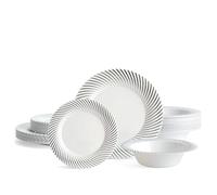 MATANA 96 Pcs White Plastic Tableware Set with Silver Border - 32 Dinner Plates, 32 Side Plates, 32 Bowls - Elegant & Reusable Dinnerware for Parties, Wedding, Birthday, Picnic