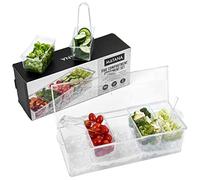 MATANA Condiment Caddy with Lid & Ice Chamber - Chilled Garnish Tray, 5 Compartments + 3 Tongs & 3 Spoons - Clear Condiment Holder/Bar Caddy Toppings Station for Cocktails, Parties & BBQs