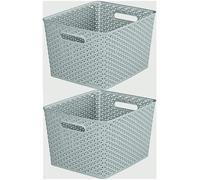 Matangi Plus 2 x 18L Grey Rattan Basket Nestable Rattan Plastic Storage Basket Shelf Tray Large Rectangular Storage Basket Stylish Design