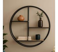 Mataram Wood Effect and Black Metal 3 Tier Round Wall Shelf
