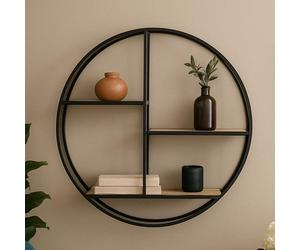 Mataram Wood Effect and Black Metal 3 Tier Round Wall Shelf