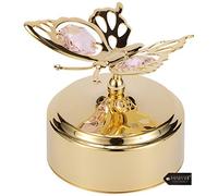 Matashi 24K Gold Plated Music Box with Crystal Studded Butterfly Figurine On A Smooth Base