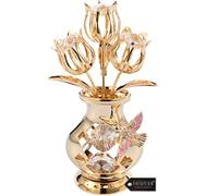 Matashi Beautifully Crafted Tulips In A Vase Table Top Ornament Dipped In 24k Gold Plating Made with Genuine Crystals (Hummingbird, Clear Crystal)