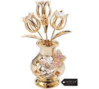 Matashi Beautifully Crafted Tulips In A Vase Table Top Ornament Dipped In 24k Gold Plating Made with Genuine Crystals (Butterfly, Clear Crystal)