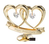 Matashi Special Valentines Day!!! Beautiful Happy Anniversary Double Heart Table Top Dipped In 24k Gold Plating Made with 2 Hanging Clear Genuine Crystals