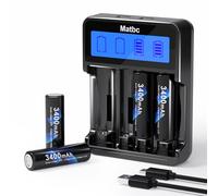 Matbc 3.7V 3400mAh Button Top Rechargeable Battery 4 Pack with Type-C 4-Slot Fast Charger, High Capacity Li-ion Battery Set for LED Flashlight, Headlamp, Solar Garden Lights and Emergency Backup