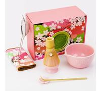 Matcha Set - 7 Pcs Matcha Powder Kit for Ceremony, Ceramic Bowl, Whisk Holder, Bamboo Whisk, Scoop, Stainless Steel Strainer & Tea Towel, Perfect for Authentic Japanese Tea Ceremony, Homemade Lattes
