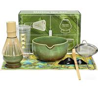 Matcha Set,7 Pcs Matcha Whisk Set - Ceramic Matcha Bowl,Handmade Bamboo Whisk with Chasen Holder,Sifter,Bamboo Scoop,Complete Matcha Kit for Ceremony Matcha Whisk, Gift for Matcha Lover(Green)