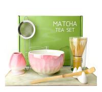 Matcha Set, 7 Piece Japanese Tea Ceremony Gift Box with Ceramic, Matcha Bowl, Bamboo Whisk, Stand, Traditional Spoon, Spoon Holder, Sifter, Tea Towel, Song Dynasty Inspired Design (Pink)