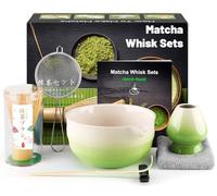 Matcha Set (7-Piece) Which Matcha Whisk, Matcha Cup, Matcha Bowl, Chasen, Matcha Sieve, Matcha Spoon, Ideal Starter Matcha Kit for Easy Matcha Making (White Green)