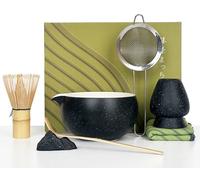 Matcha Set, 7Pc Matcha Whisk Bowl Tea Kit Accessories, Ceramic Bowls Sieve Bamboo Spoon and Whisks Broom Holder, for Beginners and Enthusiasts Gift - Black