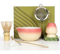 Matcha Set, 7Pc Pink White Matcha Whisk Bowl Tea Kit Accessories, Ceramic Bowls Sieve Bamboo Spoon and Whisks Broom Holder, for Beginners and Enthusiasts Gift