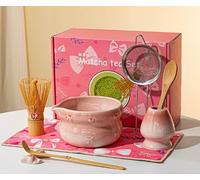 Matcha Set, 8-Piece Matcha Broom Set, Bamboo Matcha Broom, Matcha Bowl with Spout, Matcha Broom Holder, Matcha Strainer, Spoon and Holder, Gift for Matcha Lovers (Pink)