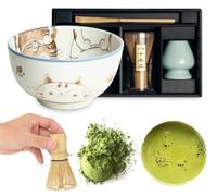 Matcha Set of 4 Original Japanese Bowl with Broom and Spoon Edo Japan Gift Packaging with Matcha Broom Chasen, Matcha Broom Holder, Matcha Bamboo Spoon Chashaku (Kawaii - Blue Cats)