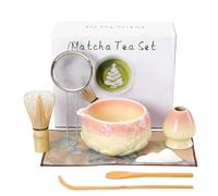 Matcha Set of 8 Matcha Broom Set, Matcha Whisk, Bowl with Spout, Broom Holder, Strainer, Spoon and Holder, Cotton Tea Towel, Matcha Kit for Matcha Lovers Beginners, Colour Gradient Pink
