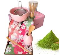 Matcha Set Pink, Cherry Blossom Design, 8pcs, Traditional Japanese Complete Matcha Tea Ceremony Kit for Lattes, Ceramic Chawan Bowl with Spout, Whisk & Accessories for Matcha Lovers