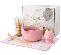 Matcha Set, Pink Whisk and Bowl Kit - 7PCS Includes Ceramic Bowl with Spout, Matcha Whisk & Holder, Scoop & Rest, Sifter, Tea Cloth, Perfect Christmas Making Kit Gift for Lovers and Beginners