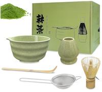 Matcha Set Whisk and Bowl Kit, Matcha Tea Set Gift Includes Ceramic Bowl with Pouring Spout, Bamboo Spoon, Sifter, Bamboo Whisk and Broom Holder, for Beginners and Enthusiasts