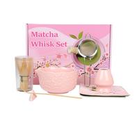 Matcha Set Whisk and Bowl Kit, Reusable Matcha Tea Set Gift Includes Ceramic Bowl with Pouring Spout,Bamboo Spoon, Sifter, Bamboo Whisk and Broom Holder, for Beginners and Enthusiasts