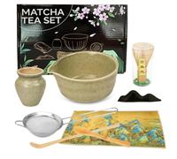 Matcha Tea Set or 8 with Bamboo Whisk, Ceramic Bowl, Scoop & Holder - Complete Matcha Making Kit for Traditional Japanese Tea Ceremony - Ideal Matcha Gift Set for Beginners and Enthusiasts Green