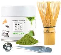 Matcha tea starter set with Original Matcha, measuring spoon, and bamboo whisk.