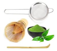Matcha Whisk - 3 Piece Matcha Set with Authentic Japanese Bamboo Whisk (Chasen), Scoop (Chashaku), Stainless Steel Sifter, Essential Tools for Japanese Tea Ceremony, Tea Powder & Latte