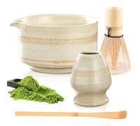 Matcha Whisk Set, 4 Pcs Matcha Set, Matcha Tea Set, Ceramic Matcha Bowl with Whisk, Ceramic Bowl, Scoop & Holder for Matcha Lovers & Enthusiasts