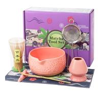 Matcha Whisk Set,7 Pcs Matcha Set, Matcha Set Whisk and Ceramic Bowl Kit for Ceremony, Matcha Tea Set with Bamboo Whisk, Sifter, Bamboo Scoop and Holder and Accessories, Gift for Matcha Lover-Pink