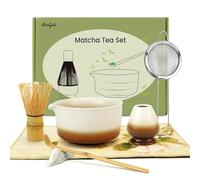 Matcha Whisk Set, 7 PCS Matcha Set, Reusable Matcha Bowl with Spout, Matcha Whisk, Holder, Matcha Powder Strainer, Matcha Tea Set Gift for Beginners and Tea Lovers (White to Brown Gradient)