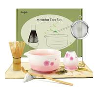 Matcha Whisk Set, 7 PCS Pink Cherry Blossom Matcha Set, Reusable Matcha Bowl with Spout, Matcha Whisk, Holder, Matcha Powder Strainer, Matcha Tea Set Gift for Beginners and Tea Lovers