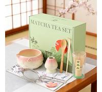 Matcha Whisk Set, 8 Pcs Matcha Kit Set With Pink Cherry Blossom Embossed Pattern Includes Bowl with Spout, Bamboo Whisk, Ceramic Holder, Bamboo Scoop x2, Scoop Rest, Stainless Sifter and Tea Towel