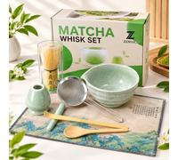 Matcha Whisk Set, 8-Piece Matcha Tea Set with Ceramic Bowl, Handmade Bamboo Chasen Whisk, Scoop, Holder, Rest, Sifter & Tea Towel, Japanese Matcha Ceremony Accessories, Traditional Kit