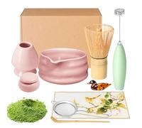 Matcha Whisk Set and Bowl, Matcha Making Kit Whisk, Bowl With Spout, Sifter, Ceramic Whisk Holder, Spoon Japanese Tea Powder Starter Tools For Ceremony Gift (Pink, 9 Pack)